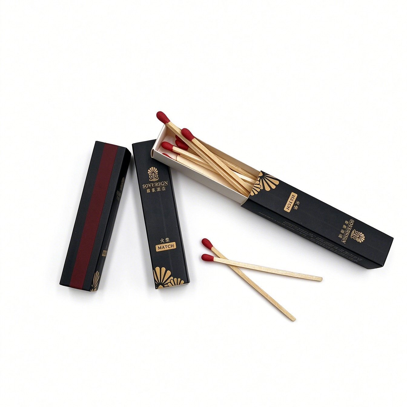 Open luxury matchbox showing long matches with red heads